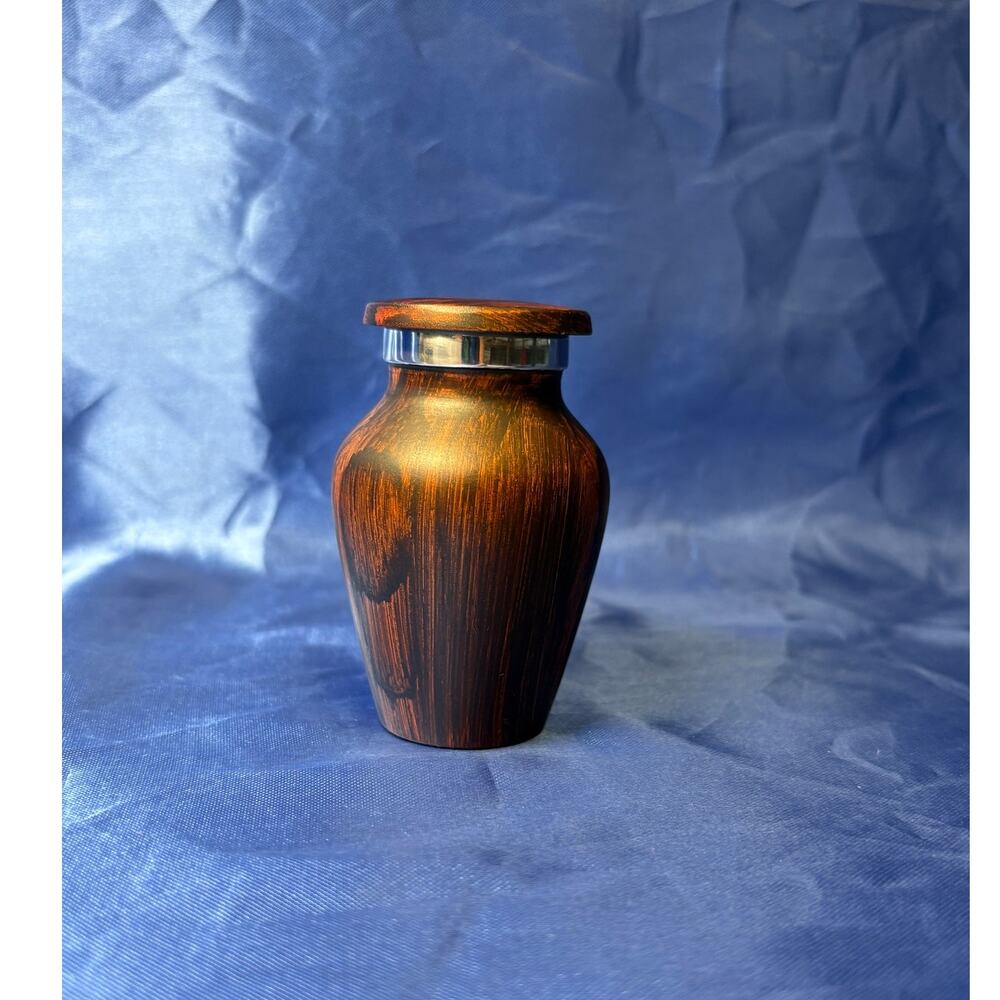 Small Wood Looking Metal Keepsake Urn with Screw Top Lid